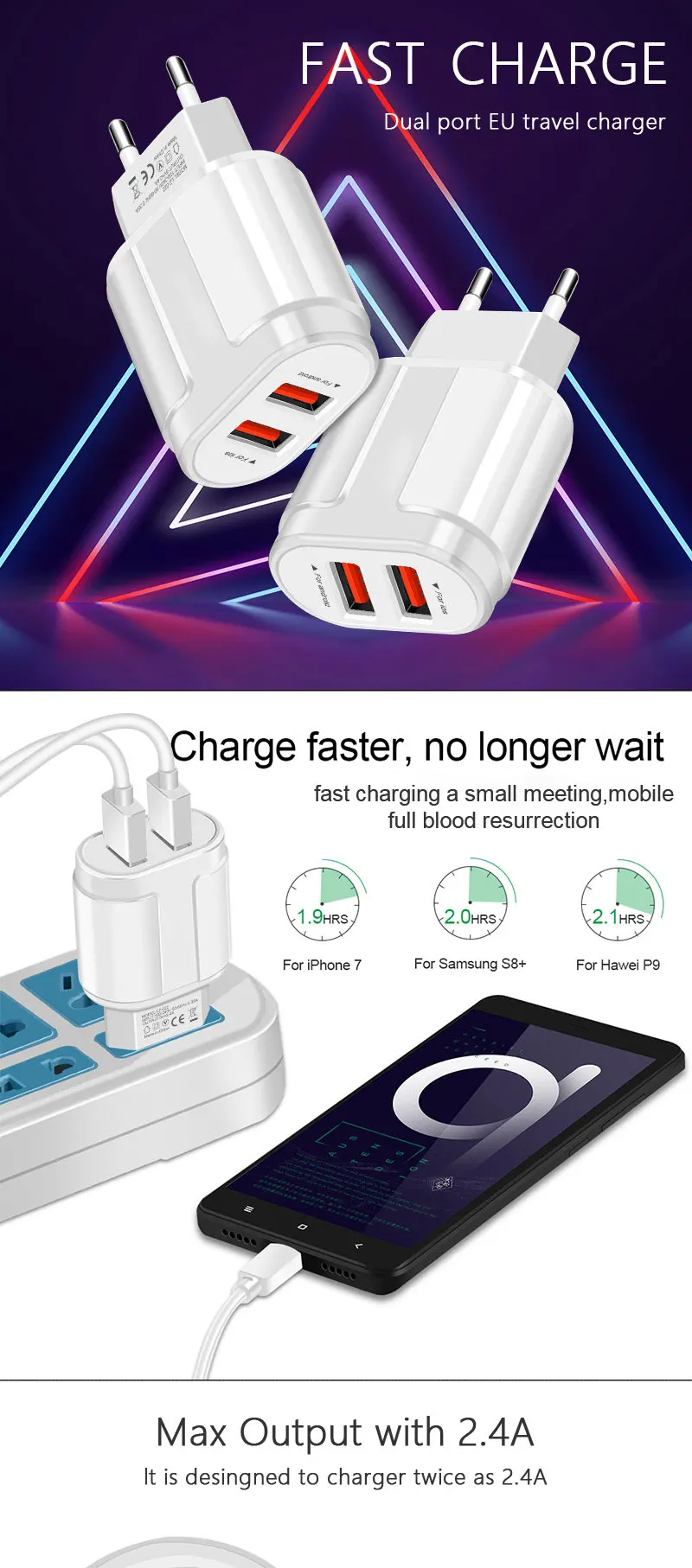 2.4A Charge Universal USB Fast Charger EU US Plug Wall USB Charging Charger Adaptor For iPhone Xiaomi for Huawei