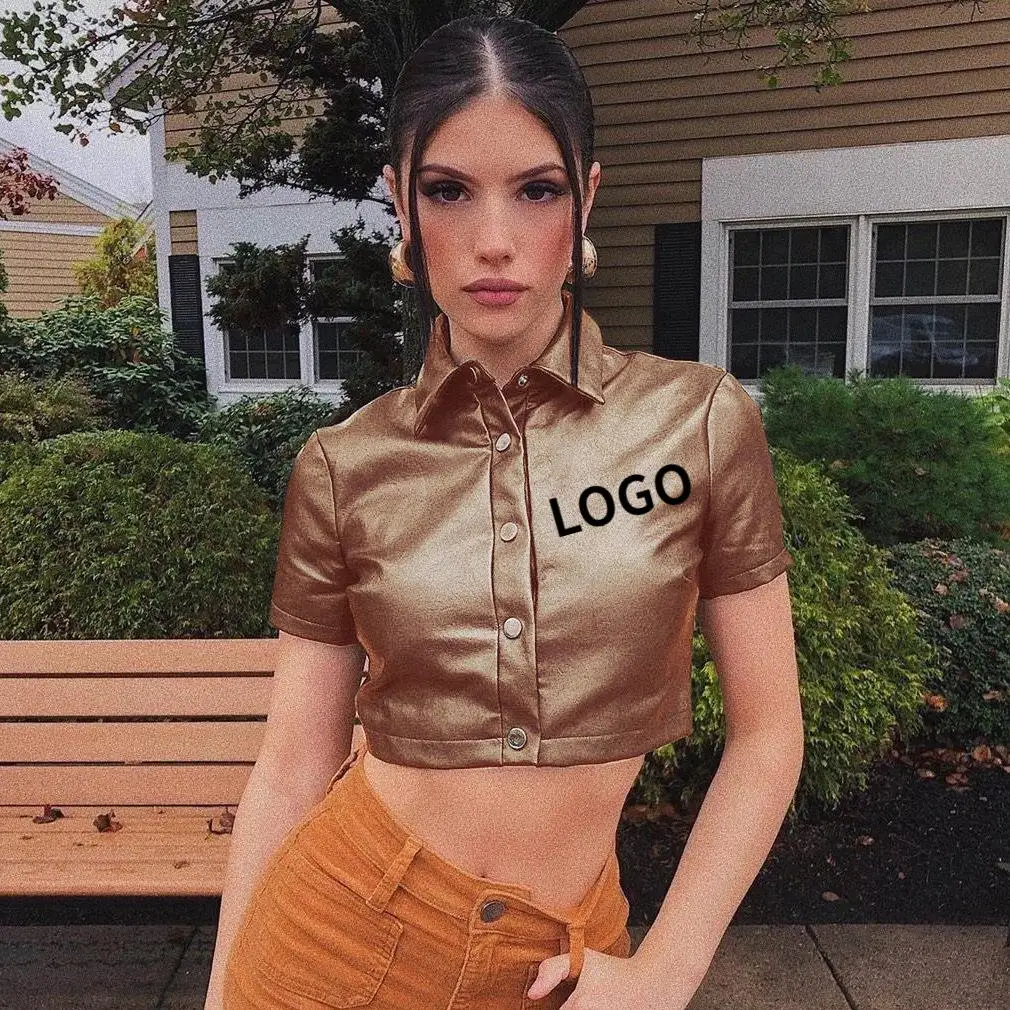 Crop Top 2021 Summer New Arrived PU Leather Lapel Button Short Sleeved Locomotive Cropp Top T-Shirt Woman Crop Tops Fashionable, Customized color
Crop Top 2021 Summer New Arrived PU Leather Lapel Button Short Sleeved Locomotive Cropp Top T-Shirt Woman Crop Tops Fashionable, Customized color