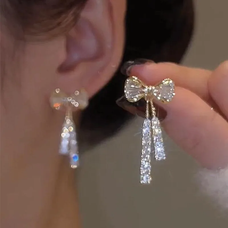 

Pendientes De Cristal Crystal Drop Bowknot Earrings Bling Bling Cubic Zirconia Temperament Women Bow Earrings