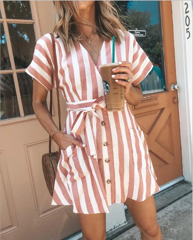 Ready To Ship Amazon Top Seller Women Stripe V Neck Short Sleeve Mini Casual Dress, Same as picture 
Ready To Ship Amazon Top Seller Women Stripe V Neck Short Sleeve Mini Casual Dress, Same as picture