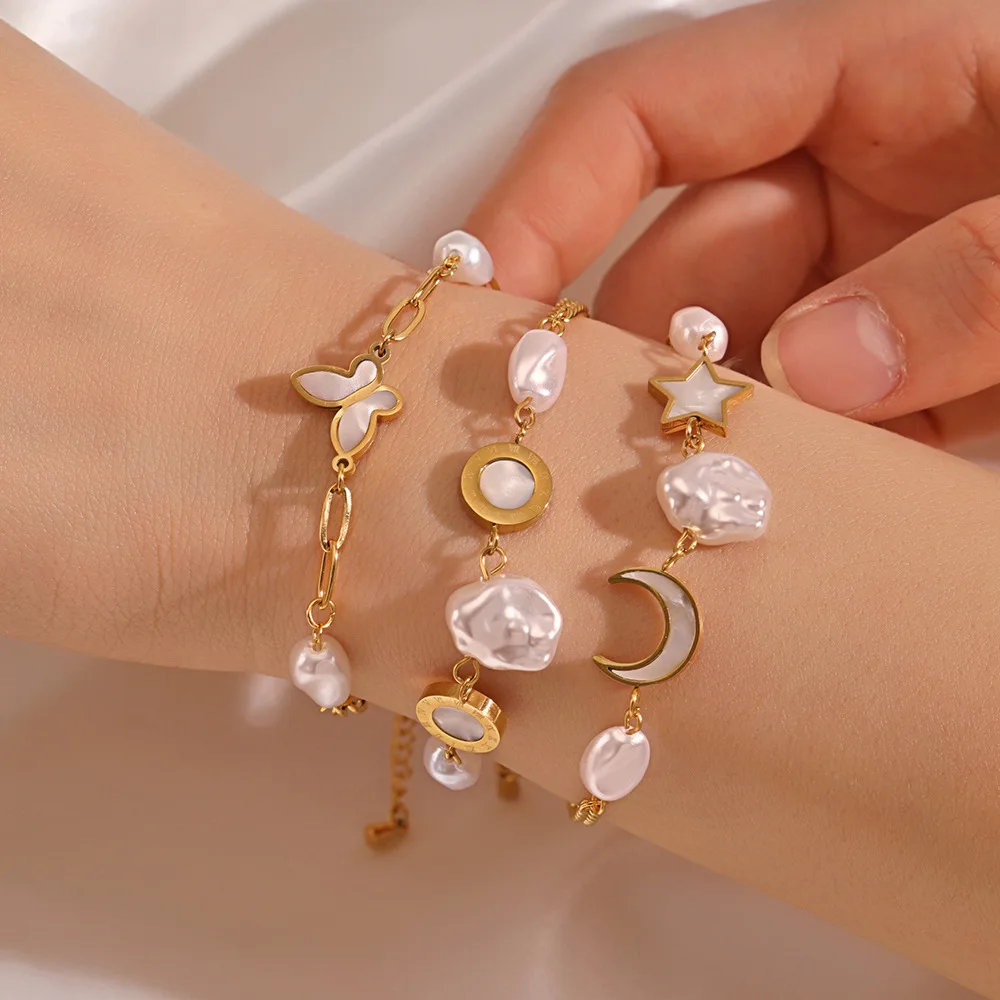 Stainless Steel Jewelry 18K Gold Plated Star Moon Waterproof Paper Clip Chain Butterfly Irregular Pearl Bracelet YF3409
Stainless Steel Jewelry 18K Gold Plated Star Moon Waterproof Paper Clip Chain Butterfly Irregular Pearl Bracelet YF3409