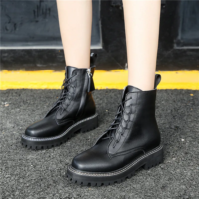 Custom Logo Plus Size Genuine Leather Women's Platform Ankle Boots Women Winter Warm Chunky Fashion Shoes