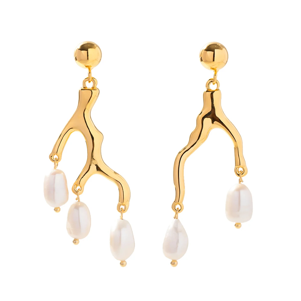 

Retro Gold Plated Baroque Pearl Earring Brass Tree Branch Shape Freshwater Pearls Drop Earring