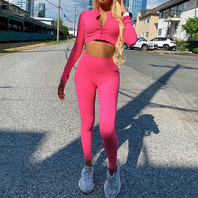Solid Color Bodycon Fitness Two Piece Set Women Long Sleeve Zipper Crop Tops And High Waist Leggings Tracksuit Active Workout, Black,rose red,khaki
Solid Color Bodycon Fitness Two Piece Set Women Long Sleeve Zipper Crop Tops And High Waist Leggings Tracksuit Active Workout, Black,rose red,khaki