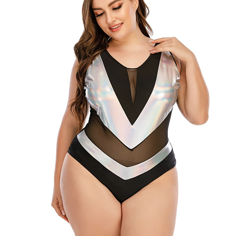 

Black White Mesh One Piece Swimsuit 2021 Swimwear Women Sexy Plunge V Neck Monokini Plus Size Bathing Suit XXXL