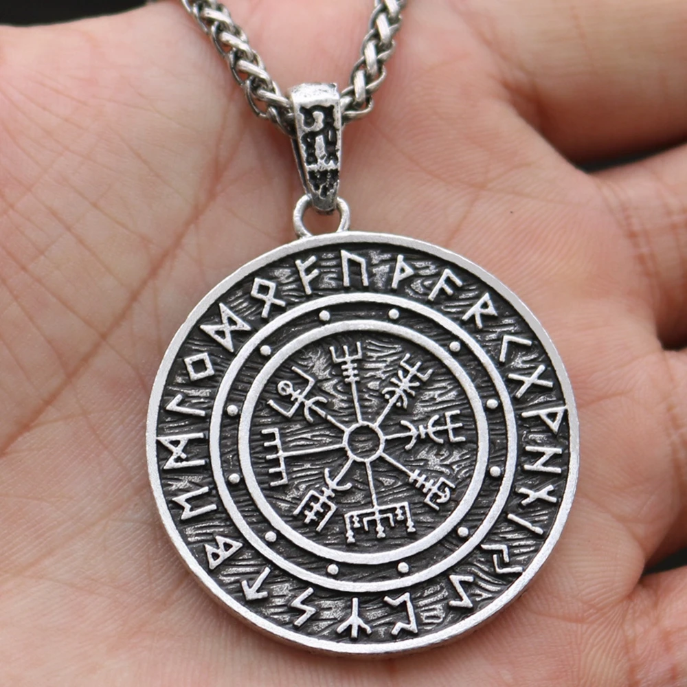 

Popular Vintage Odin Sign Coin Compass Necklace Antique North Viking Men Necklace, Silver,antique bronze