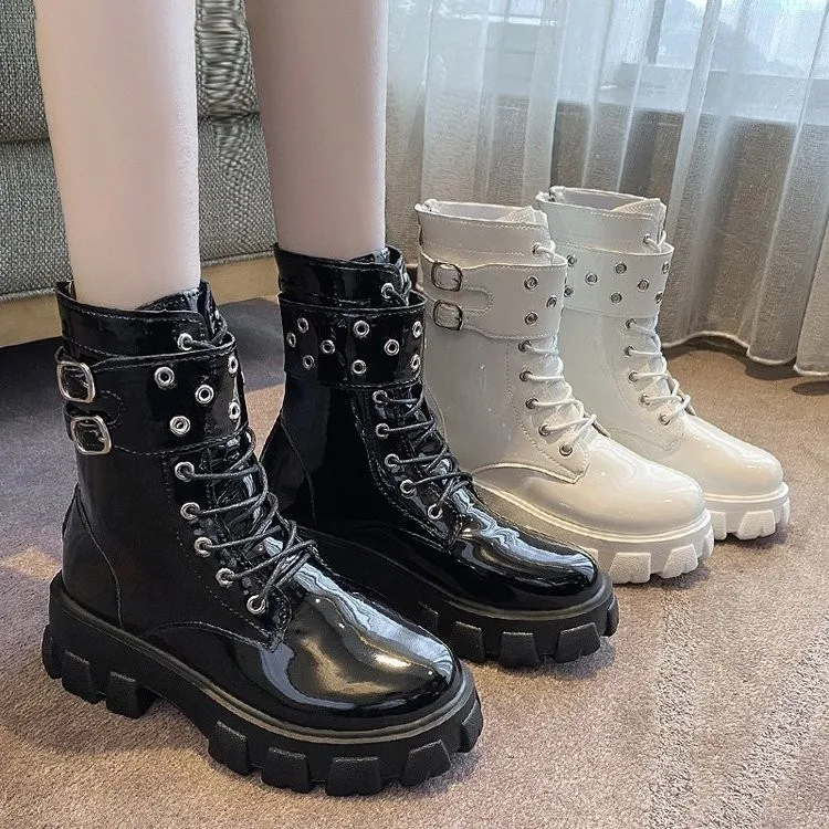 Fashion Ladies Motorcycle Boots Solid Color Round Toe Thick Bottom Lace-up Belt Buckle Back Zipper Ladies Ankle Boots 
Fashion Ladies Motorcycle Boots Solid Color Round Toe Thick Bottom Lace-up Belt Buckle Back Zipper Ladies Ankle Boots