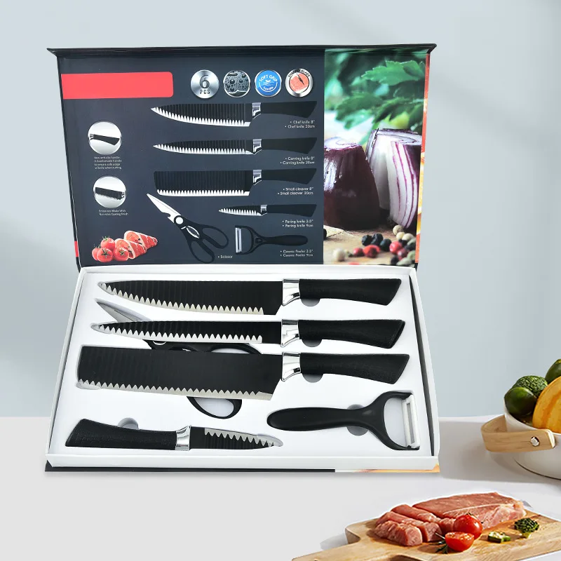 

GX238A In Stock 6Pcs Pack Set Stainless Steel Wavy Blade PP Handle Knives Scissors Peeler Set Gift Box Pack Kitchen Knife Set