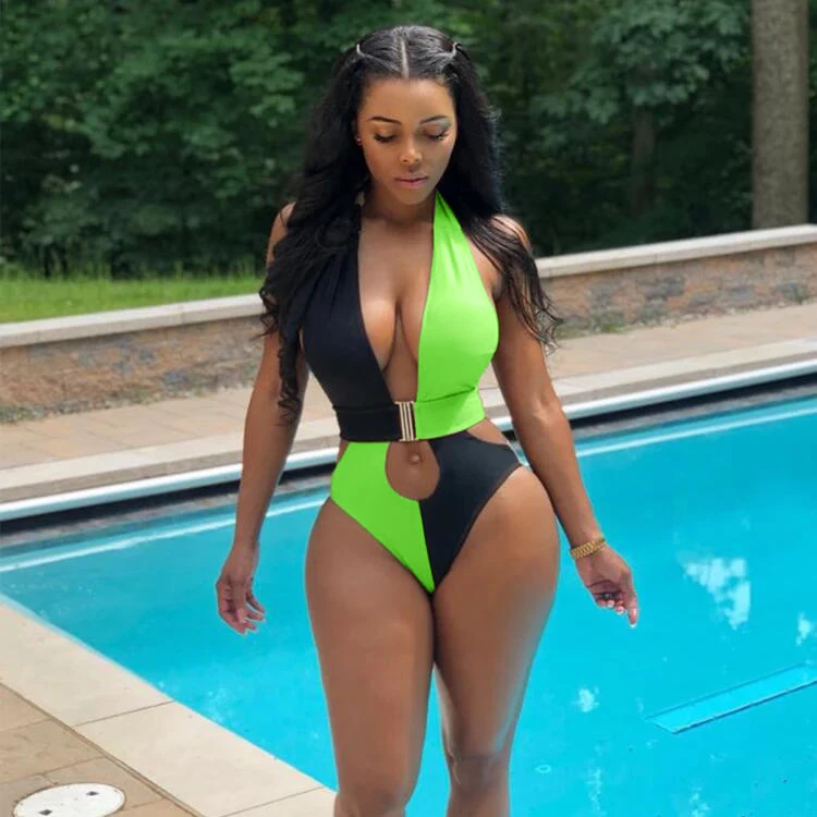 Summer Bikini High Waisted Swimsuit Sexy Color Block Backless One Piece Bathing Suits, Green / black
Summer Bikini High Waisted Swimsuit Sexy Color Block Backless One Piece Bathing Suits, Green / black