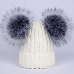 Kids warm Acrylic scarf set with fur pom pom beanie knitted winter hats for baby boys girls