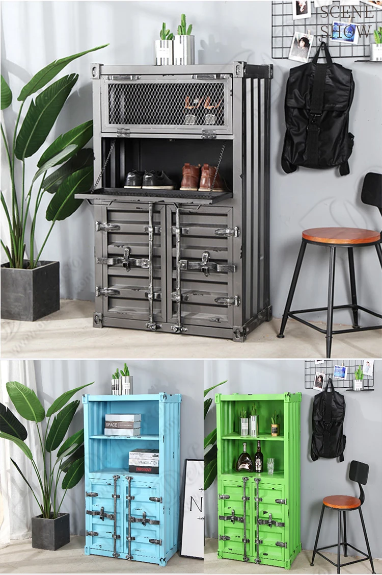 High Vintage Drop Shipping Container Design Double Door Storage Distressed Metal Cabinet/Bookshelf