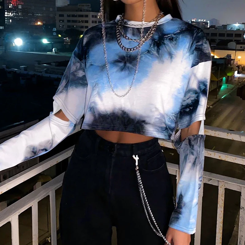 Women's Tie Dye Printing Fashion Round Neck Long Sleeve Loose Crop Top, As show
Women's Tie Dye Printing Fashion Round Neck Long Sleeve Loose Crop Top, As show
