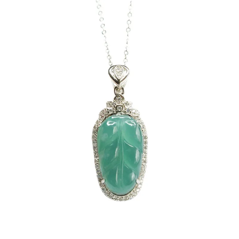 

S925 Silver Inlay Natural Emerald Pendant Ice-Like Blue Water Leaf Necklace Factory Wholesale FC3041410