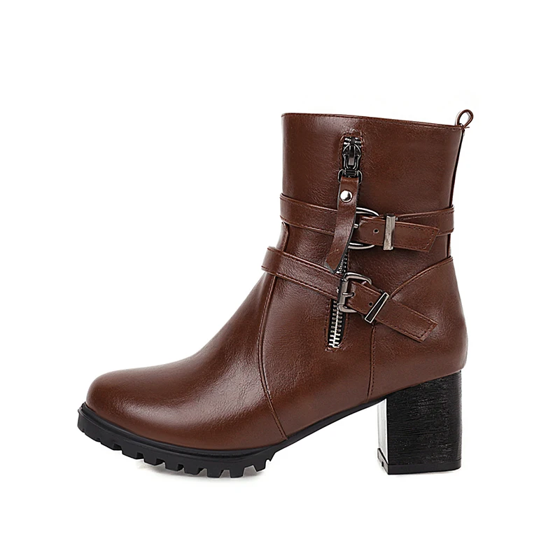 Women's Belt Buckle Brown High Heels Ankle Boots with Zip Winter Warm Ankle Retro Boots, Black/brown/red