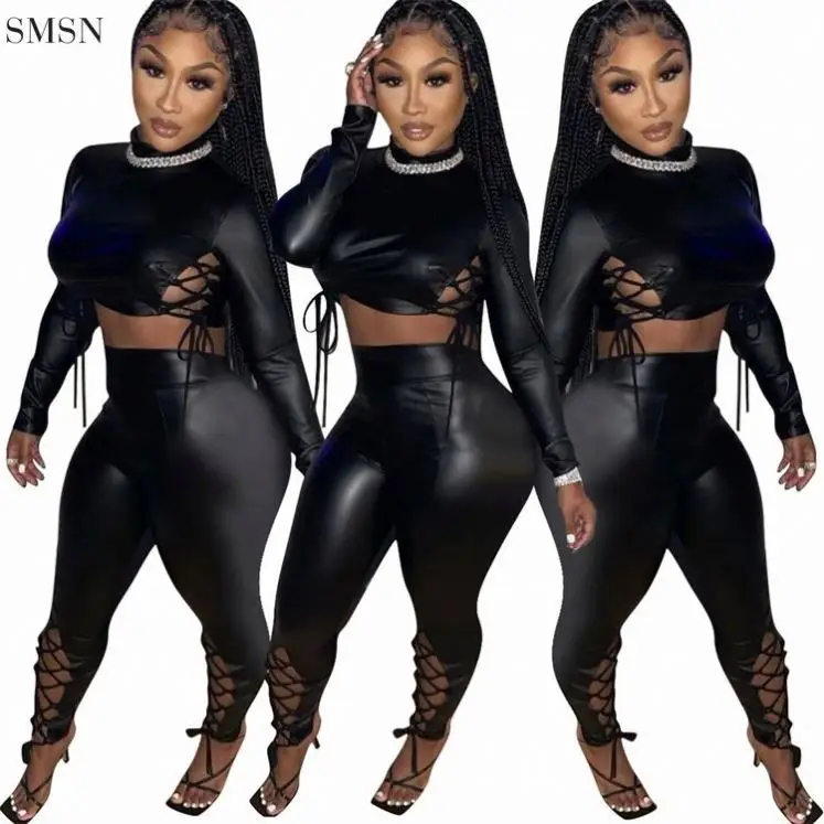Latest Design Leather Bodycon Bandage Women's Suits Sexy 2 Piece Set Women Crop Tops Pants Set
Latest Design Leather Bodycon Bandage Women's Suits Sexy 2 Piece Set Women Crop Tops Pants Set