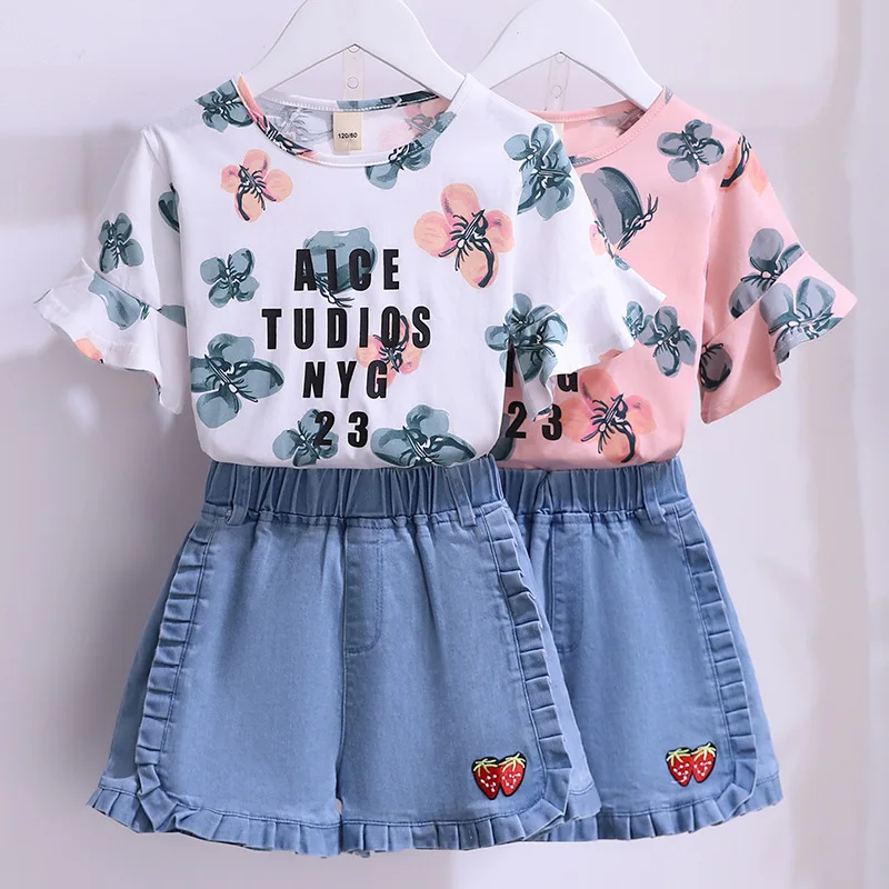 Summer Short Sleeve Floral Letter T-shirt Top Solid Lace Embroidery Strawberry Shorts Two Pieces Fashion Girls Clothes, Blue,white
Summer Short Sleeve Floral Letter T-shirt Top Solid Lace Embroidery Strawberry Shorts Two Pieces Fashion Girls Clothes, Blue,white