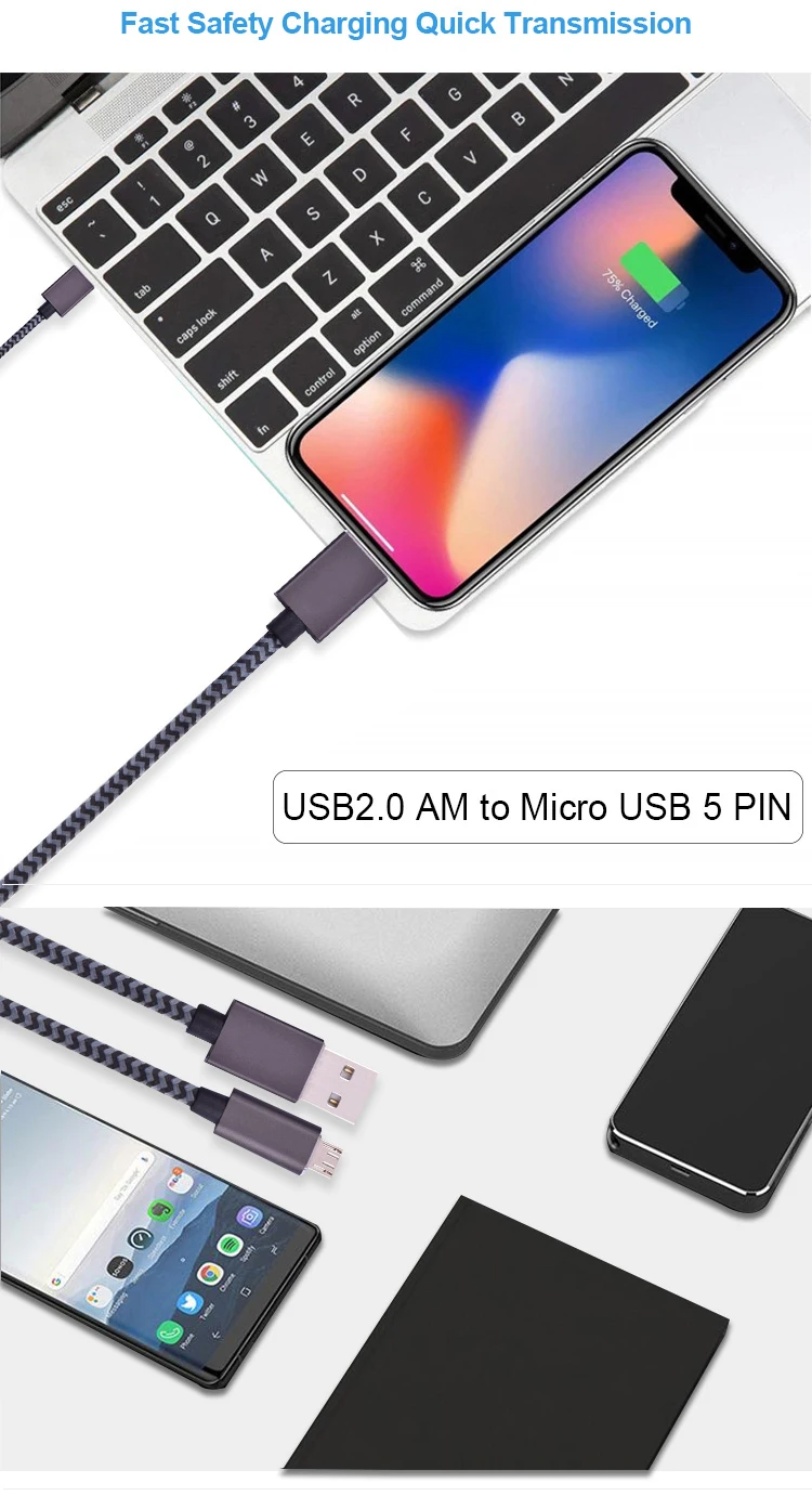 Round 1M 2A Tinned Copper Polyester Braided Mobile Phone Micro B Charger Cable For Android - ANKUX.COM