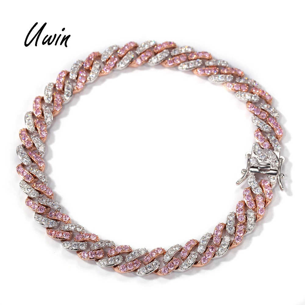 

Women Hip Hop CZ Pink Miami Cuban Rose Gold Platinum Two Tone Bracelet Iced Out Bling Girls Jewelry