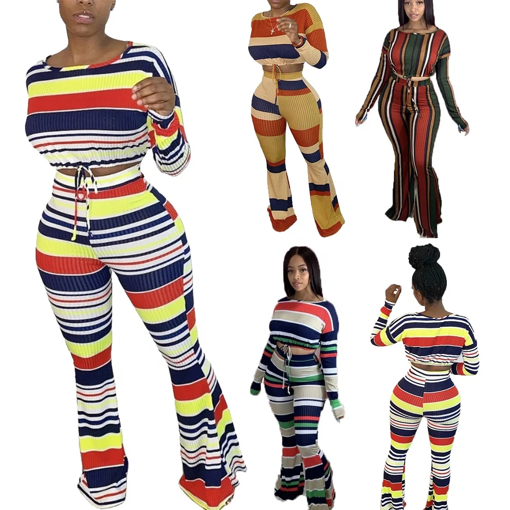 2021 fall winter outfits for women knit two piece Rainbow Striped Long Sleeve T-shirt + Wide Leg Pants fall women clothing
2021 fall winter outfits for women knit two piece Rainbow Striped Long Sleeve T-shirt + Wide Leg Pants fall women clothing