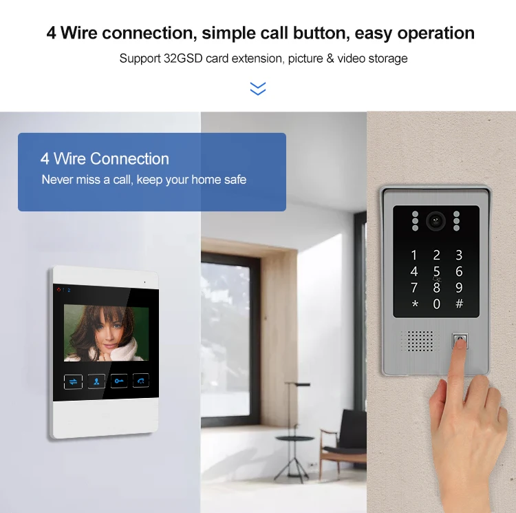 Kepad and RFID to access 4 wire 4.3 inch video doorbell intercom system support multi-language