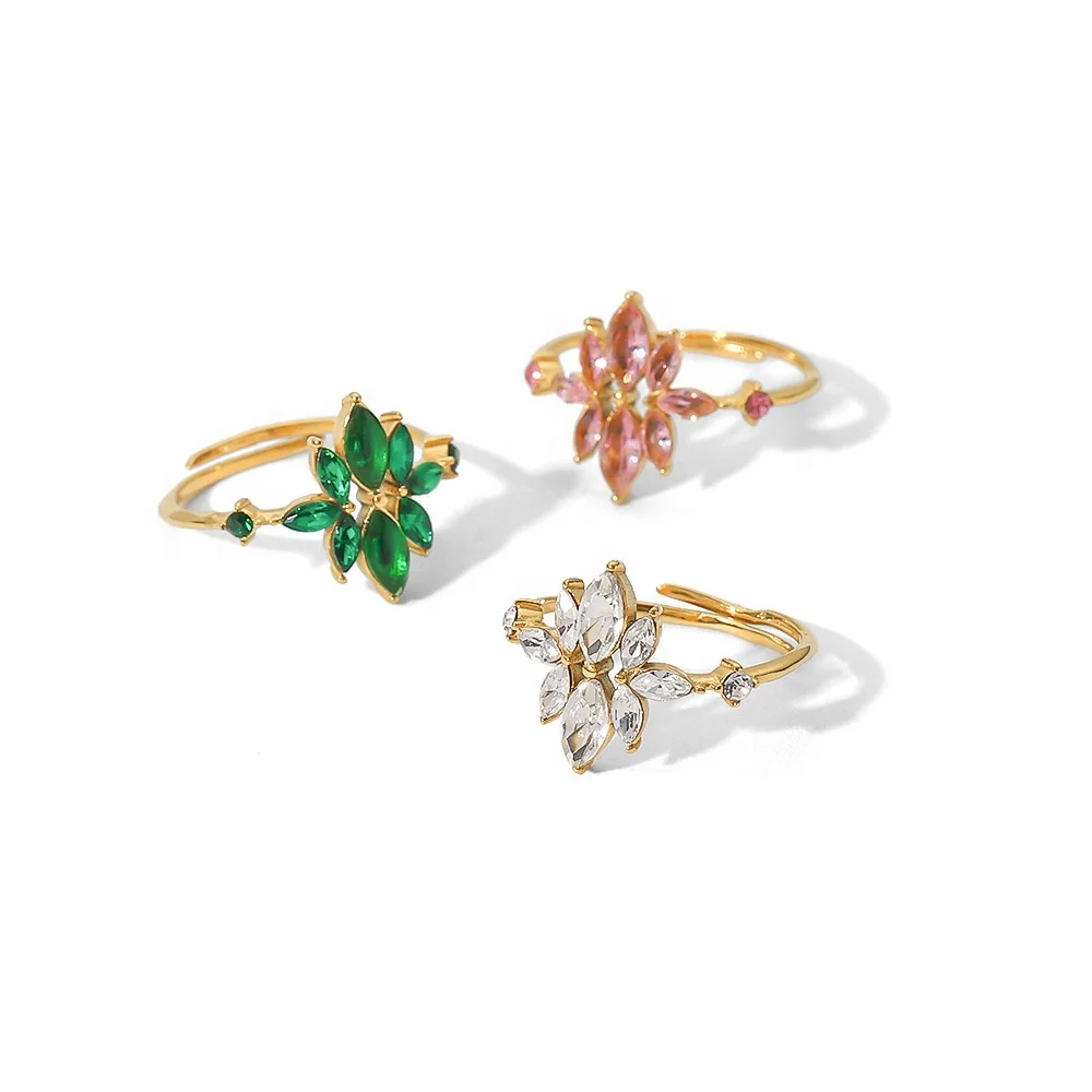 New Dainty Jewelry PVD 18K Gold Plated Thin Flower Zircon Finger Rings Stainless Steel Green CZ Zircon Adjustable Ring for Women
New Dainty Jewelry PVD 18K Gold Plated Thin Flower Zircon Finger Rings Stainless Steel Green CZ Zircon Adjustable Ring for Women