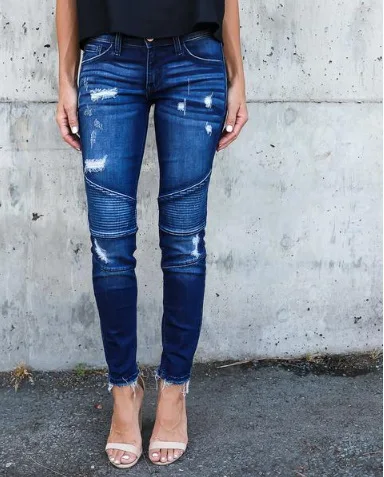 New Ripped Jeans Casual Women High-rise Pleated Stretch Pencil Jeans with Holes Women Clothing, Dark blue/lake blue
New Ripped Jeans Casual Women High-rise Pleated Stretch Pencil Jeans with Holes Women Clothing, Dark blue/lake blue