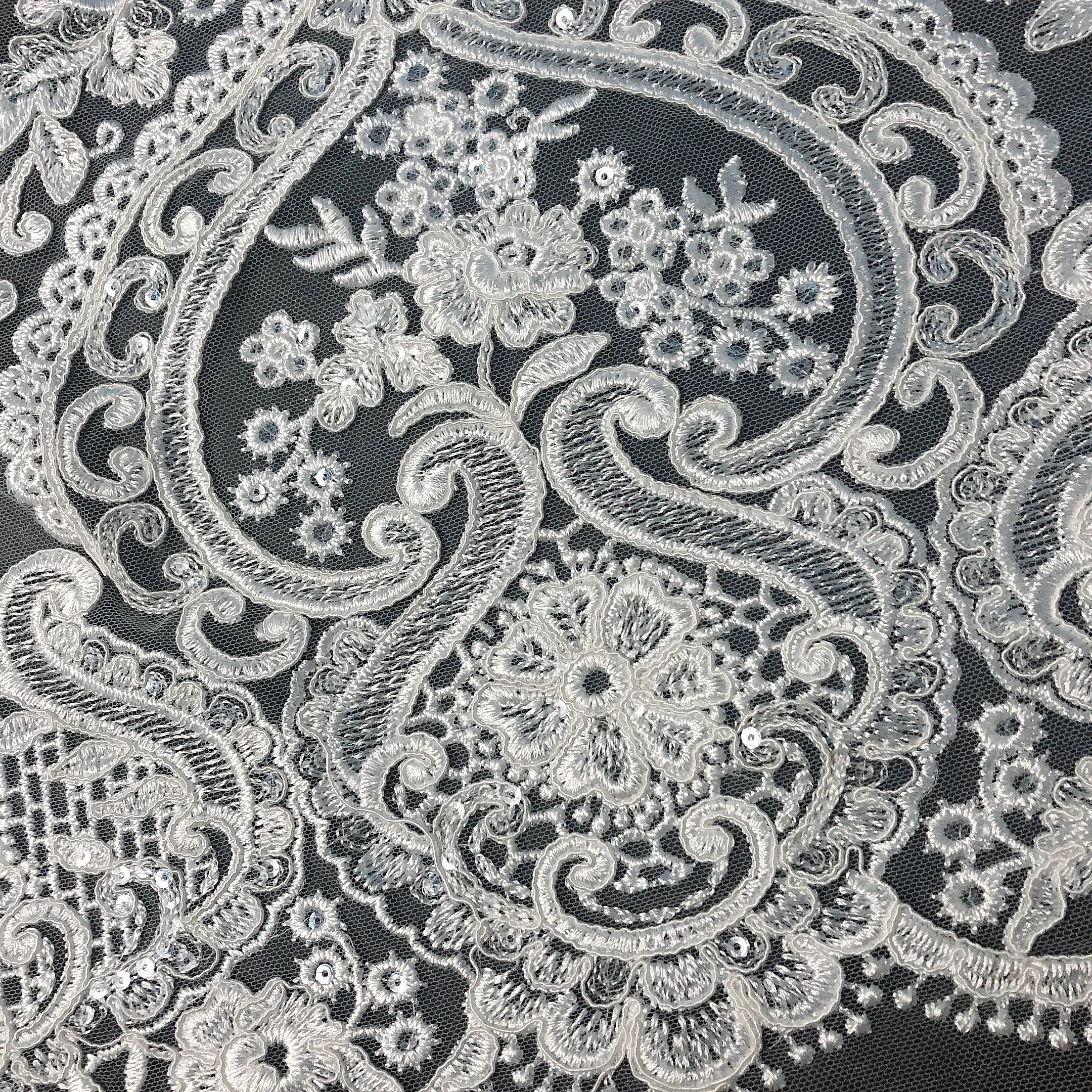 Elegant bridal dress embroidery white cord lace fabric with sequins, White and customized
Elegant bridal dress embroidery white cord lace fabric with sequins, White and customized
