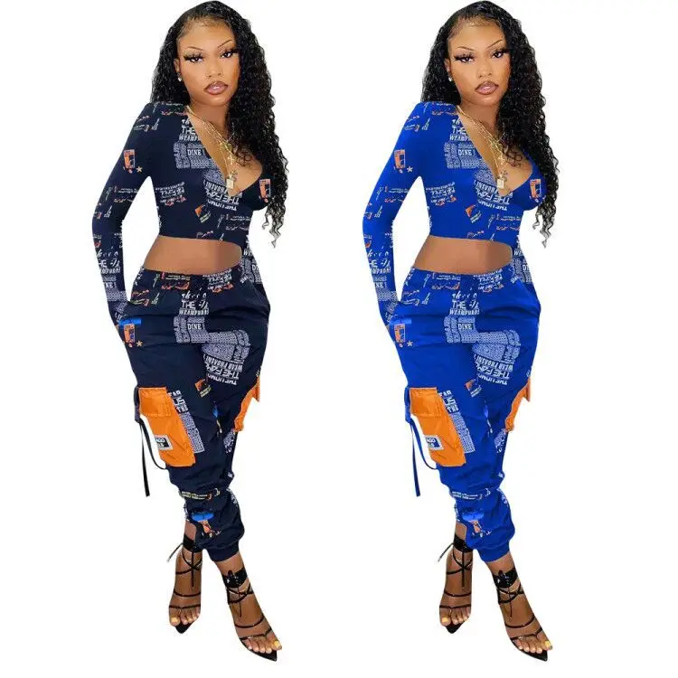 Ladies long sleeve crop top and cargo sweatpants suit jogger letter printed matching two 2 piece set women, Black, blue
Ladies long sleeve crop top and cargo sweatpants suit jogger letter printed matching two 2 piece set women, Black, blue