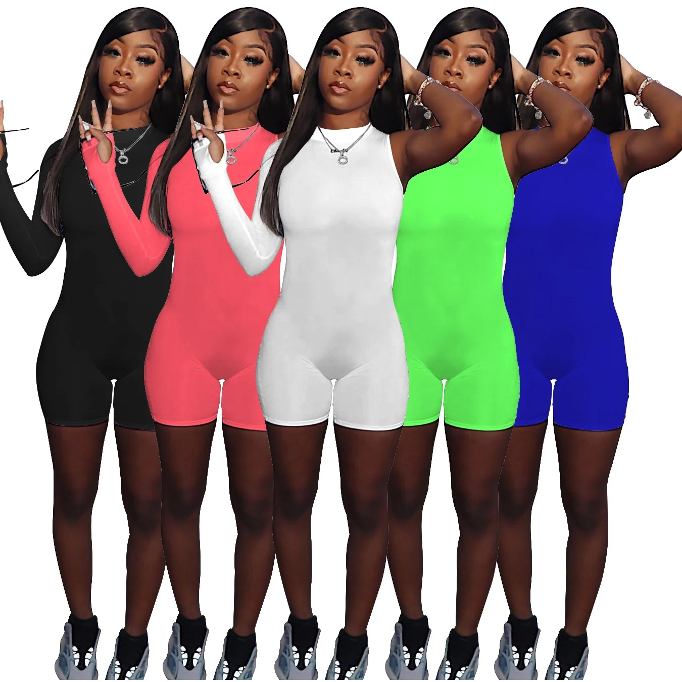 

2021 Wholesale Women One Sleeve Solid Color Skinny Playsuit Club Party Fitness Knee Length Bodysuit One Piece Overall Jumpsuit, Customized color