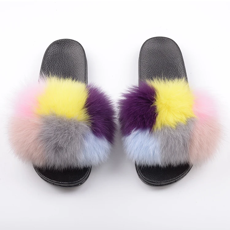 

Jtfur Fashion Color Block Stitching Shoes Vendor Colorful Real Fox Fur Furry Slides Slippers for Women, Customized color