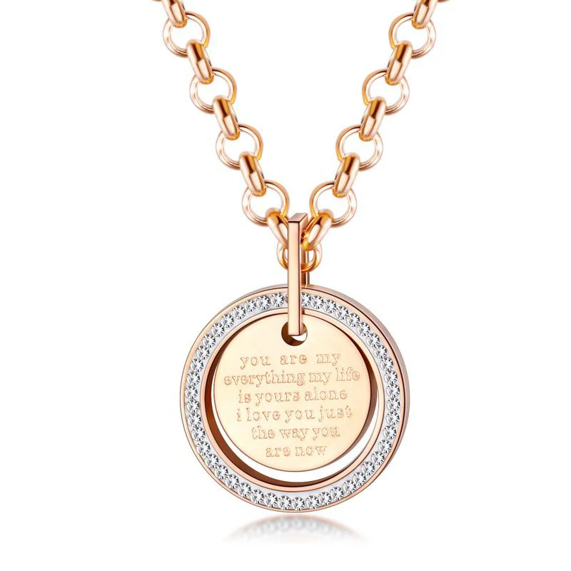 Rose Gold Stainless Steel Round Pendant Necklace For Women Love Promise Words Zircon Charm Necklace (SK895), As picture
Rose Gold Stainless Steel Round Pendant Necklace For Women Love Promise Words Zircon Charm Necklace (SK895), As picture