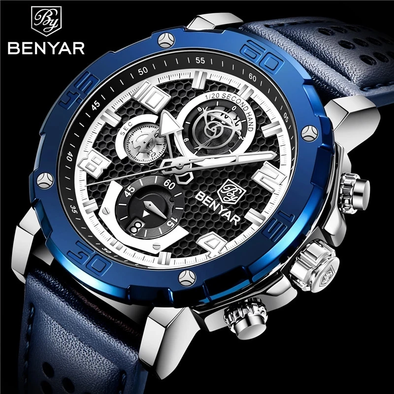 BENYAR Men Watch 5172 Chronograph Waterproof Sport Blue Genuine Leather Mens Wristwatch Top Brand Luxury Military Man Clock Gift, 4-colors
BENYAR Men Watch 5172 Chronograph Waterproof Sport Blue Genuine Leather Mens Wristwatch Top Brand Luxury Military Man Clock Gift, 4-colors