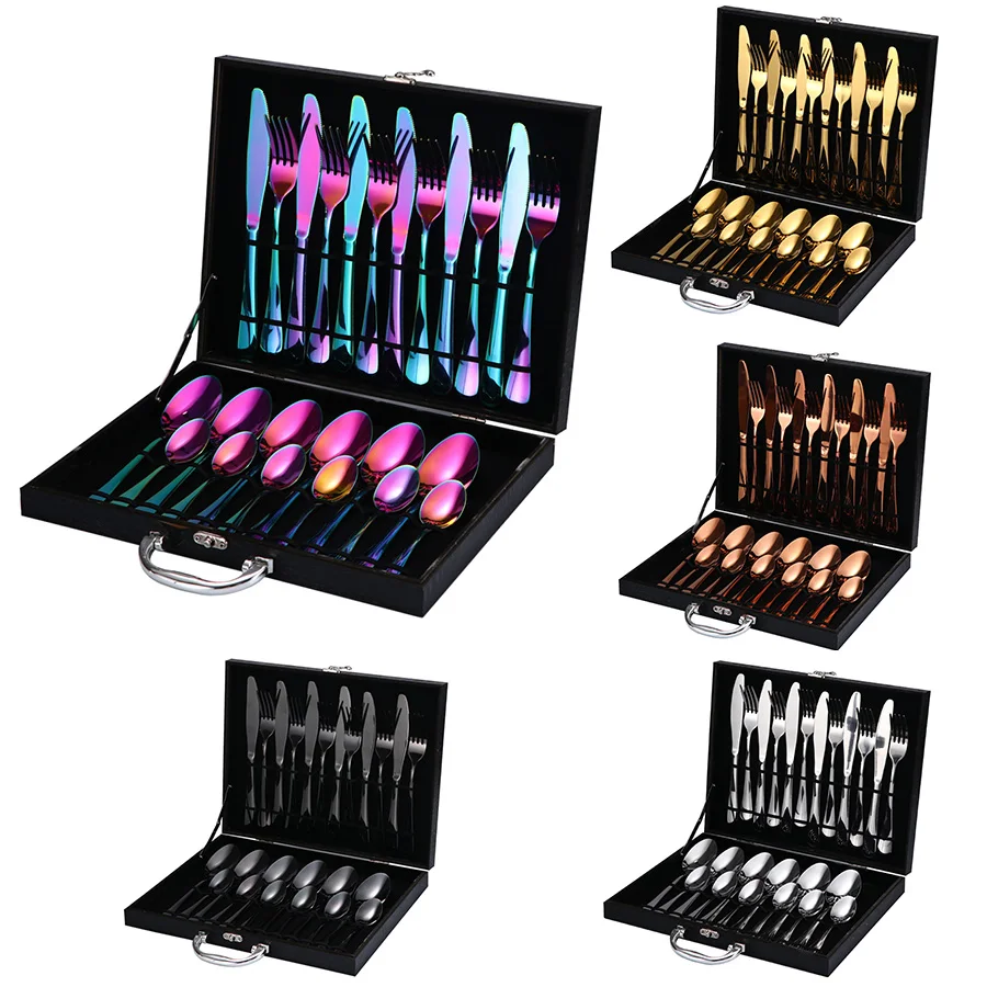 Black Gift Box Package 24 PCs Stainless Steel Cutlery Sets Service For 6 Persons, Silver,gold,rose gold,rainbow,black
Black Gift Box Package 24 PCs Stainless Steel Cutlery Sets Service For 6 Persons, Silver,gold,rose gold,rainbow,black