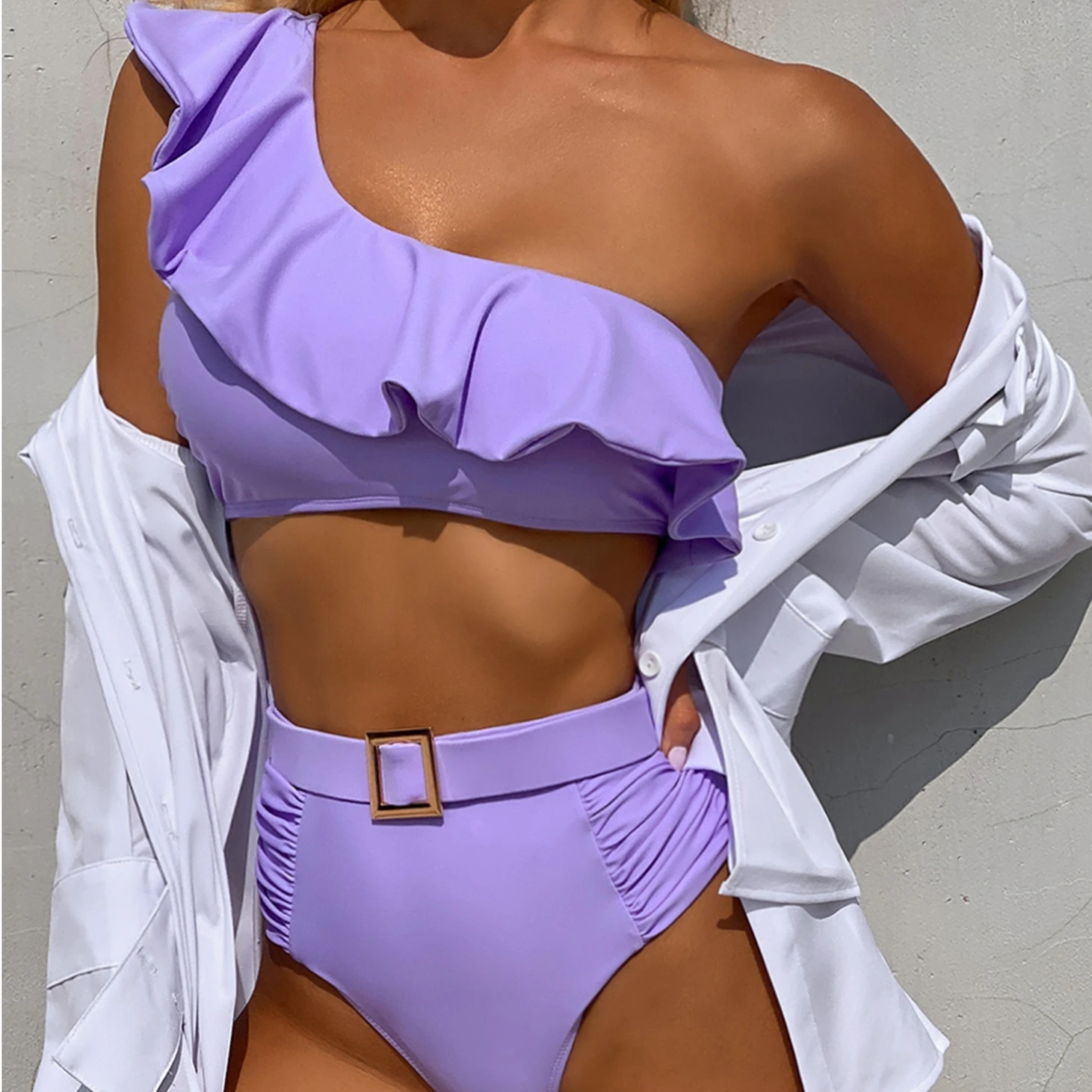 New Style Flounce Sling Irregular One Shoulder High Waist Purple Solid Bathing Suits Women Two Pcs Swimwear
New Style Flounce Sling Irregular One Shoulder High Waist Purple Solid Bathing Suits Women Two Pcs Swimwear