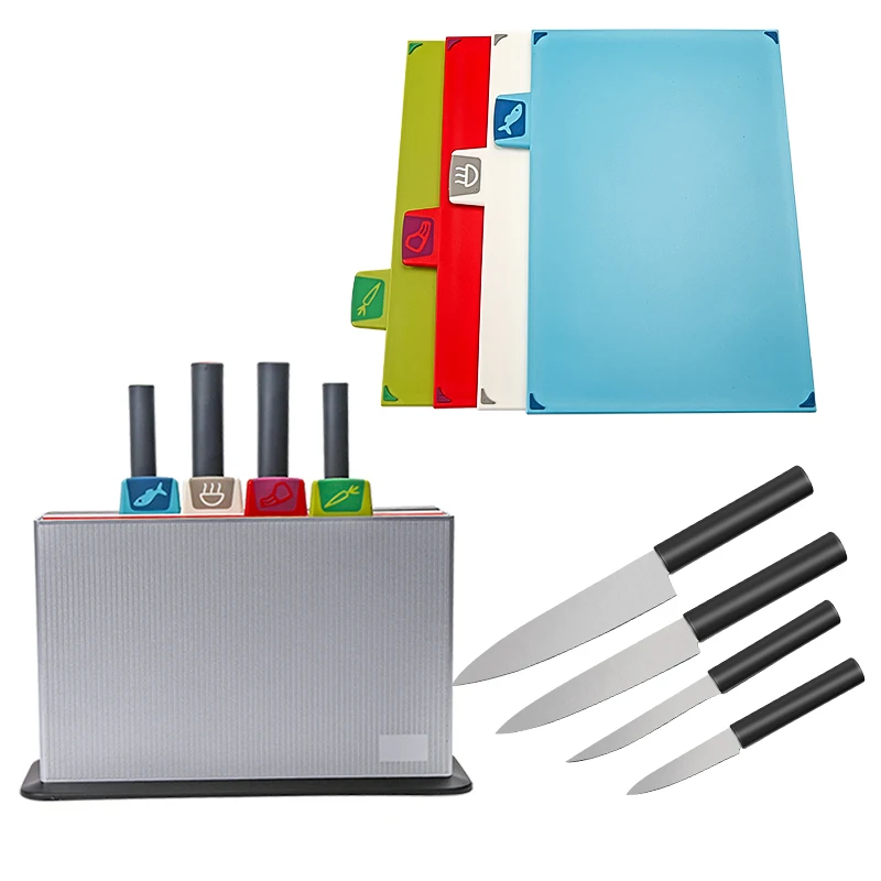 Plastic Cutting Board Set with 4 Stainless Steel Kitchen Knife and Stainless Steel Storage Case Color-Coded Board, Green,red,blue ,white
Plastic Cutting Board Set with 4 Stainless Steel Kitchen Knife and Stainless Steel Storage Case Color-Coded Board, Green,red,blue ,white