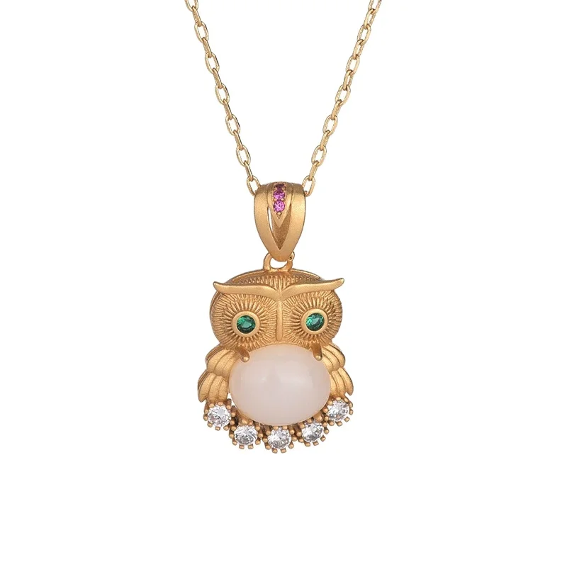 

Certified Palace Style Design Vintage Owl Gold-Plated Pendant Inlaid Chalcedony Agate Frosted Craft Necklace Birthday Gift