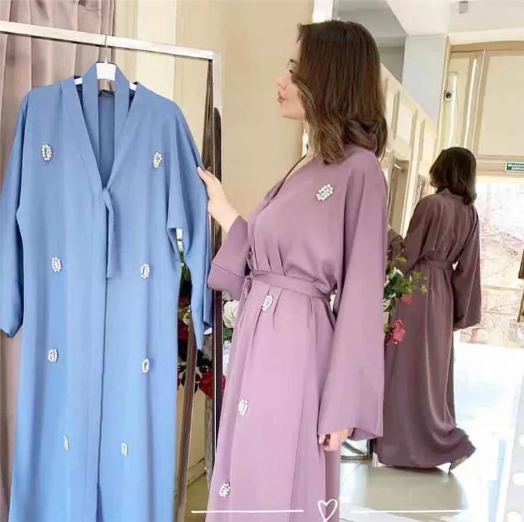 Hot sale high quality soft crepe with pearl muslim women open abaya, Black,purple ,light blue
Hot sale high quality soft crepe with pearl muslim women open abaya, Black,purple ,light blue