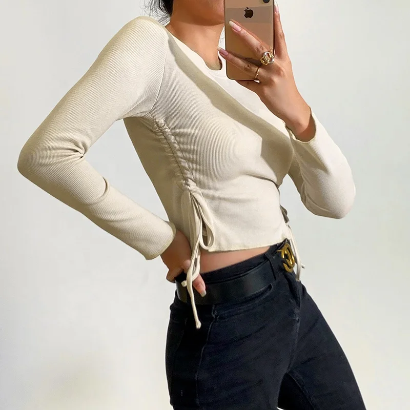 Hot sale wholesale bulk crop tops fashion girl slim tight shirt drawstring split knitted fall tops for women
Hot sale wholesale bulk crop tops fashion girl slim tight shirt drawstring split knitted fall tops for women