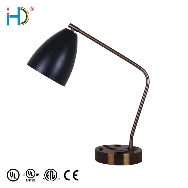 Vintage Retro Usb Port Bankers Matte Black Shade Table Lamp For Hotel