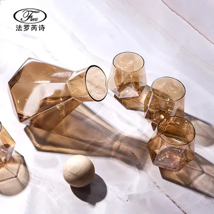 diamond shape glass jar with cup, Transparent with color