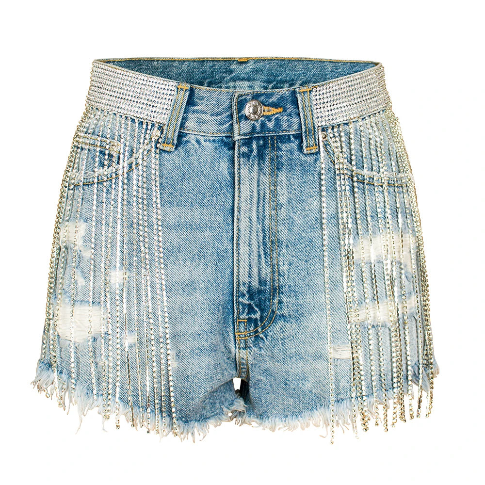 Wholesale High Waist Women Tassel Jeans Denim Shorts With A Diamond Chain, Blue
Wholesale High Waist Women Tassel Jeans Denim Shorts With A Diamond Chain, Blue
