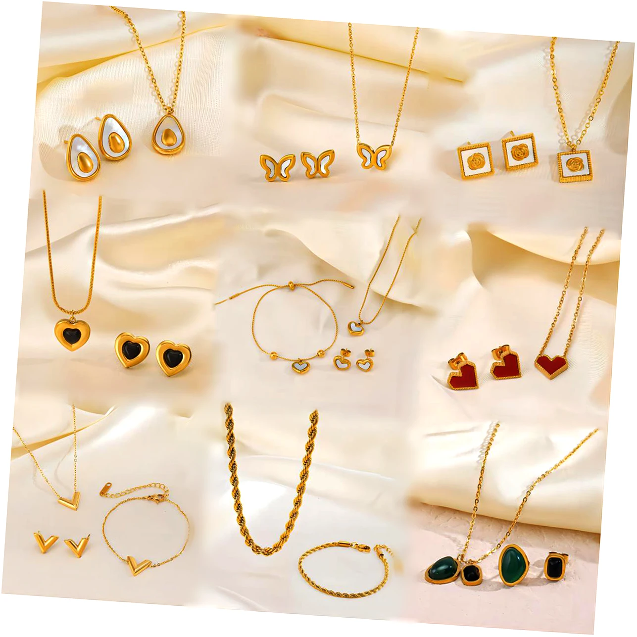 Fashion stainless steel 18K white oil dripping heart butterfly necklace and earrings set gold V-shaped twist chain jewelry set
Fashion stainless steel 18K white oil dripping heart butterfly necklace and earrings set gold V-shaped twist chain jewelry set