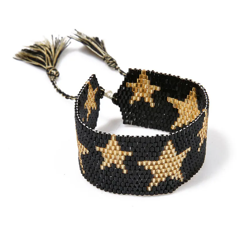 

BG1010 Women Boho Miyuki Seed Loom Beaded Star Pattern Cuff Bracelet with Tassel