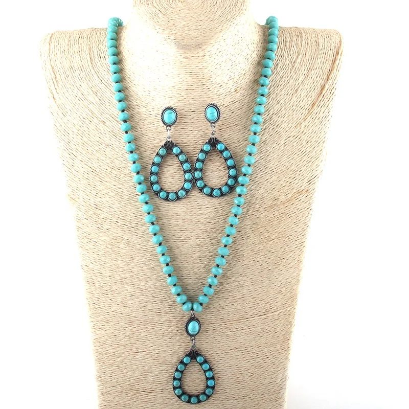 Women White & Aqua Glass beads Knotted jewelry set Crystal Drop Pendant Turquoise Necklace Earring Set Western Jewelry
Women White & Aqua Glass beads Knotted jewelry set Crystal Drop Pendant Turquoise Necklace Earring Set Western Jewelry