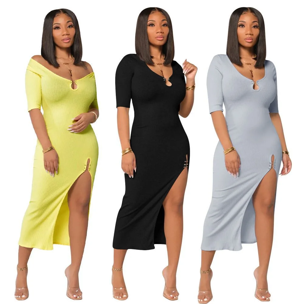 2021 hot sale slim fit long dress fashion solid color comfortable women's v neck side slit casual dresses for daily wear
2021 hot sale slim fit long dress fashion solid color comfortable women's v neck side slit casual dresses for daily wear
