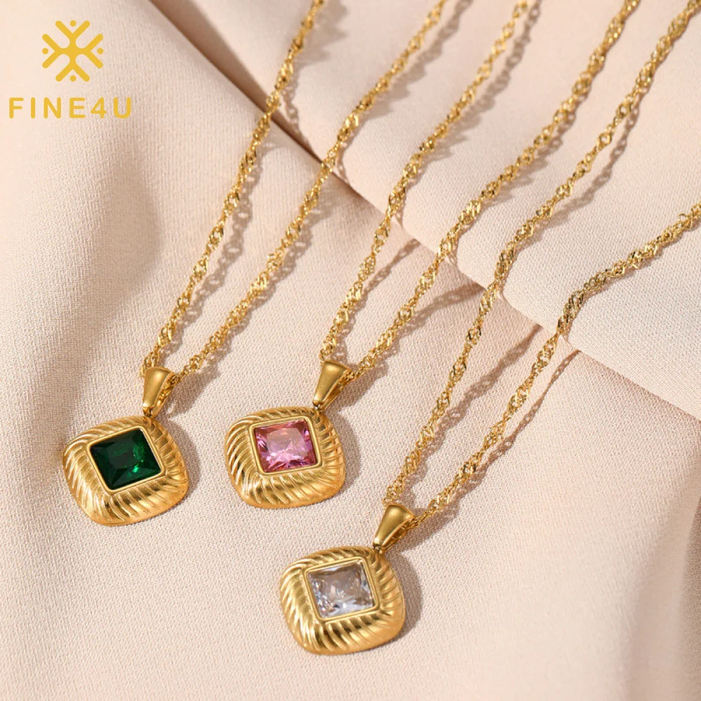 

Simple Woman Stainless Steel Square Threaded 14K Gold Plated Colorful Diamonds Cz Zircon Pendant Necklace