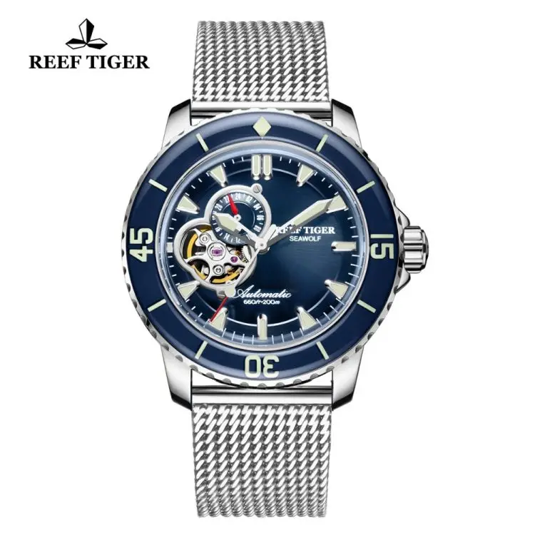 

REEF TIGER RGA3039S Dive Sport Watches Luminous Luxury Dive Watches for Men Rose Gold Tone Automatic Blue Watches Reloj Hombre