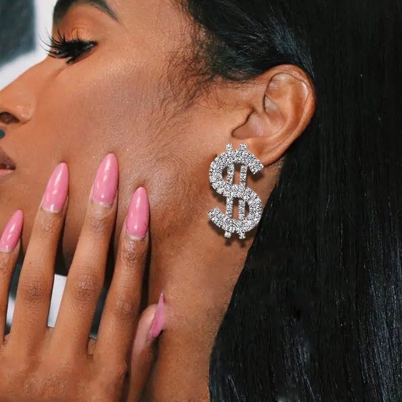 Fashion Rhinestone Dollar Sign Hanging Dangle Earrings Long Shiny Crystal Dollar Earrings, Gold/silver
Fashion Rhinestone Dollar Sign Hanging Dangle Earrings Long Shiny Crystal Dollar Earrings, Gold/silver