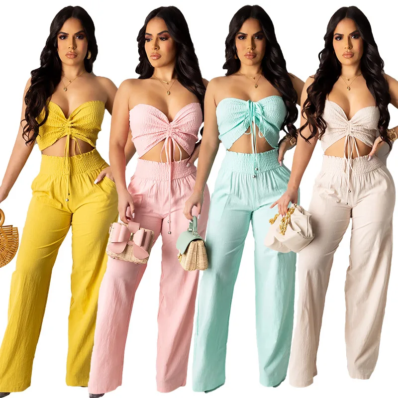 2021 New Fashion Summer Sexy Solid Color Halter Neck Tube Top Pleated Two-piece Suit Wide Leg Pants For Women, As show
2021 New Fashion Summer Sexy Solid Color Halter Neck Tube Top Pleated Two-piece Suit Wide Leg Pants For Women, As show