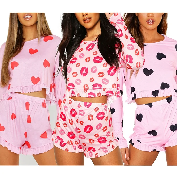 9089 American Cute Lip Heart Pattern Printed Long Sleeve Pink Womens 2 Piece Short Pajama Sets, 3 colors: lips, black-heart, red-heart
9089 American Cute Lip Heart Pattern Printed Long Sleeve Pink Womens 2 Piece Short Pajama Sets, 3 colors: lips, black-heart, red-heart